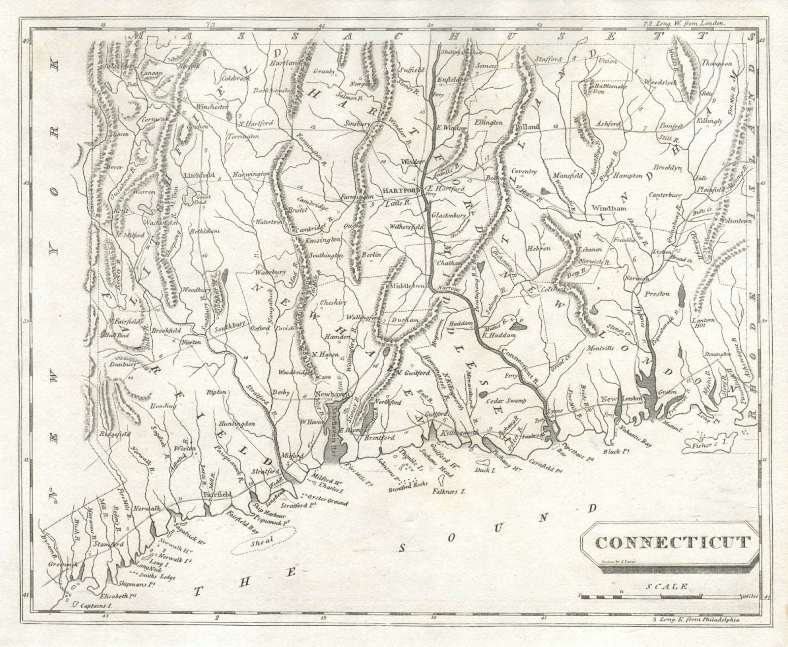 Connecticut state map by Arrowsmith & Lewis 1812 old antique plan chart